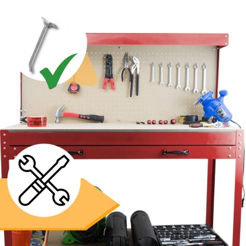 Stół warsztatowy z uchwytami blat 115x55 cm szuflada haki x12 stabilny stal