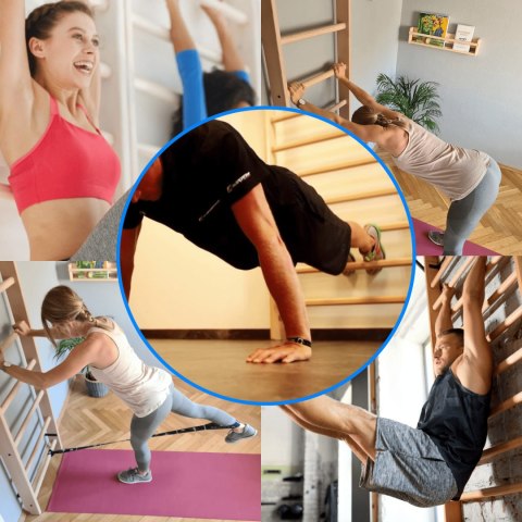 Drabinka gimnastyczna drewniana 220 cm stabilna z huśtawką drążkiem lina