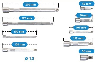 Przedłużki nasadowe 3/8" 40 75 150 250 400 mm 5 szt.