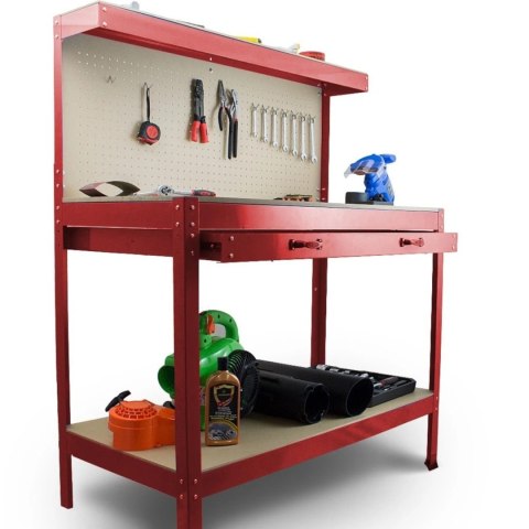 Stół warsztatowy z uchwytami blat 115x55 cm szuflada haki x12 stabilny stal