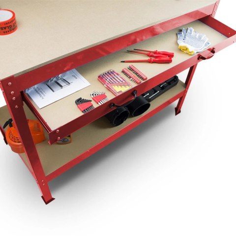 Stół warsztatowy z uchwytami blat 115x55 cm szuflada haki x12 stabilny stal