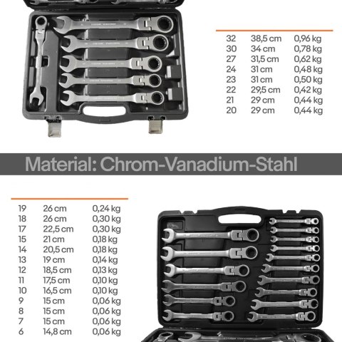 Klucze płasko oczkowe z grzechotką zestaw 22szt 6 32mm crv walizka